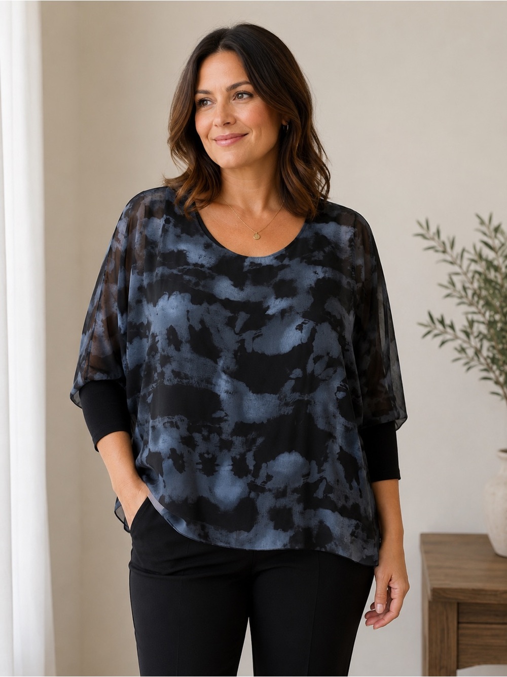 Love & Legend Black and Slate Tie-Dye Blouson Sleeve Top 14